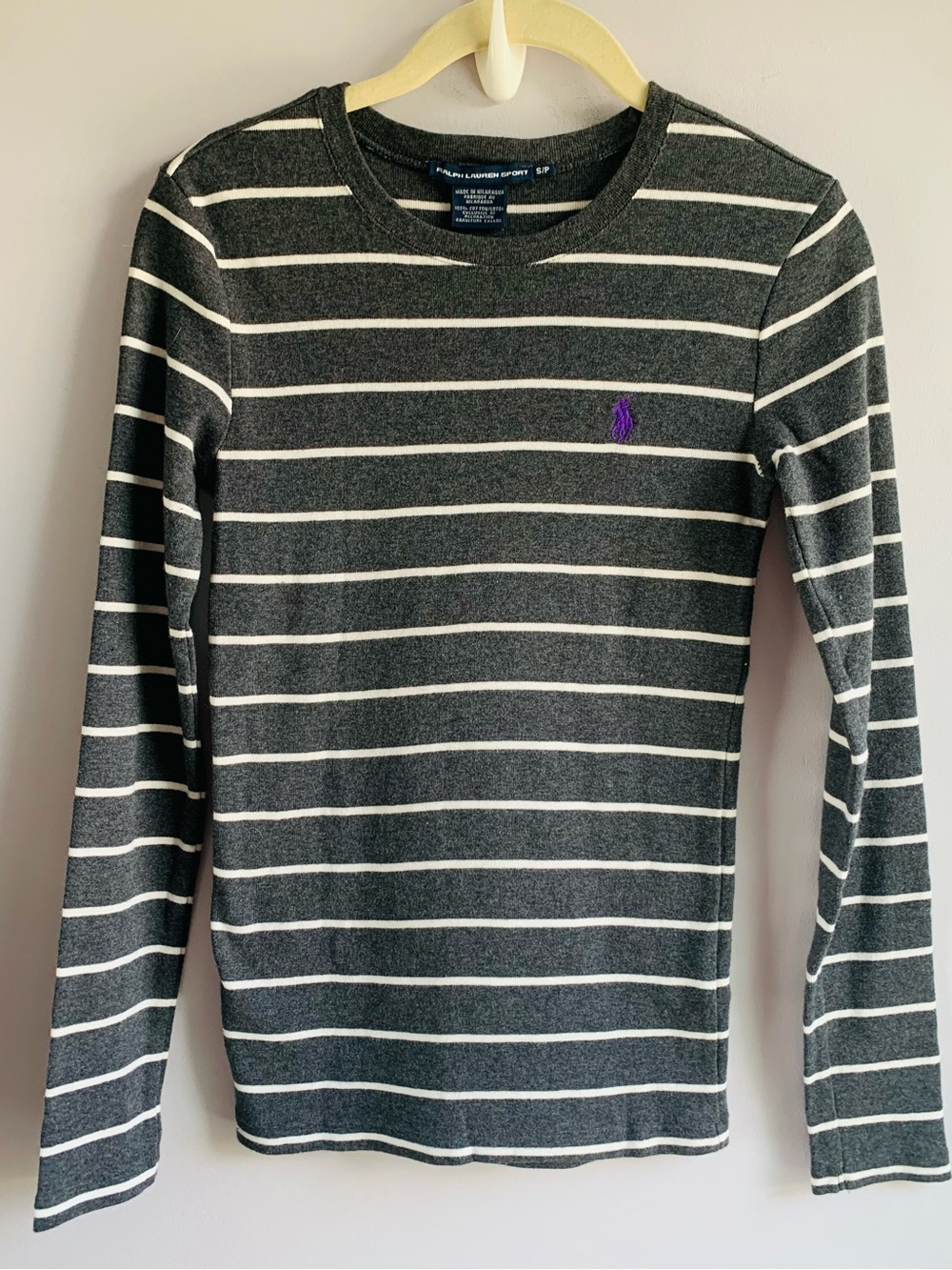 Ralph Lauren Sport Knit Long Sleeve Tee Gray White Stripes Logo Cotton EUC Small